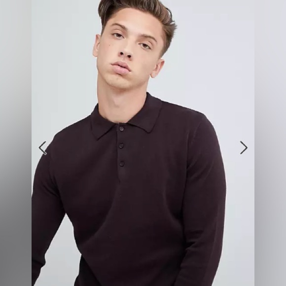 Brave Soul Knitted Long Sleeve Polo - Wine - Small - Picture 1 of 4